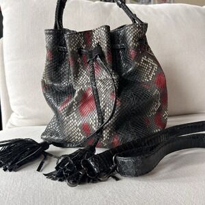 Womens Genuine Everglades Python Bucket Crossbody Handbag Black Red Grey Art